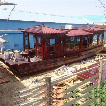 华海木船现货 供应8米画舫船 水上餐饮观光游船 餐饮船